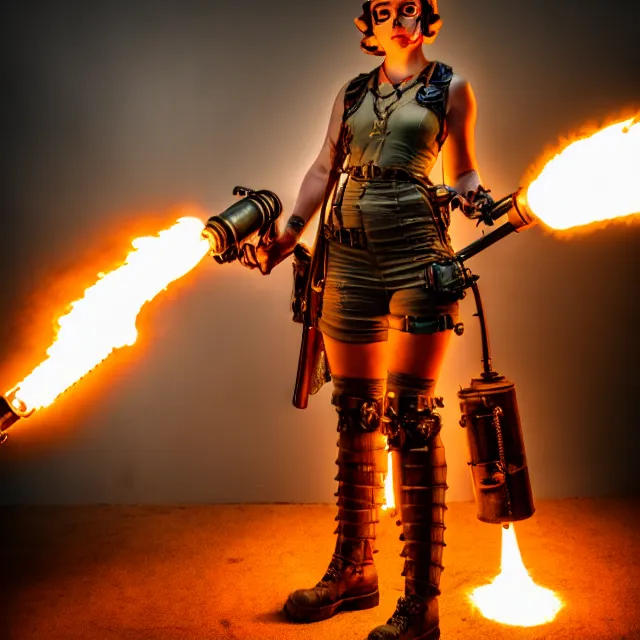 Image similar to full length photo of a beautiful dieselpunk warrior with a flamethrower, 8 k, hdr, smooth, sharp focus, high resolution, award - winning photo