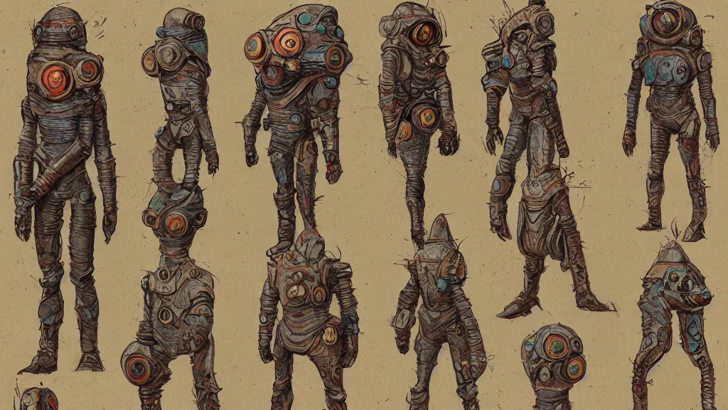 Image similar to aged paper, concept art, colorful character sheet for a male extraterrestrial warlord wearing victorian diving helmet, retrofuture, fantastic planet, moebius, valerian, coherent, illustration, digital art, trending on artstation, hd, 8 k, good lighting, beautiful, rough paper, masterpiece