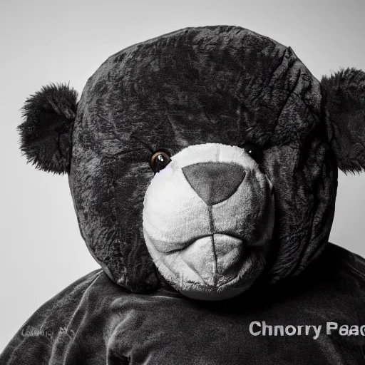 Image similar to ( the face of kanye west ) wearing teddy bear costume at 4 0 years old, portrait by julia cameron, chiaroscuro lighting, shallow depth of field, 8 0 mm, f 1. 8
