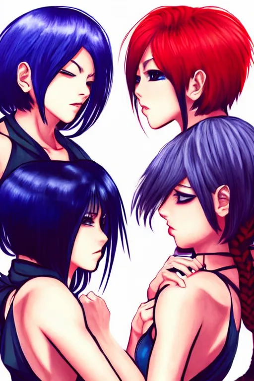 Image similar to two beautiful female fighters with short hair facing each other, detailed anime art