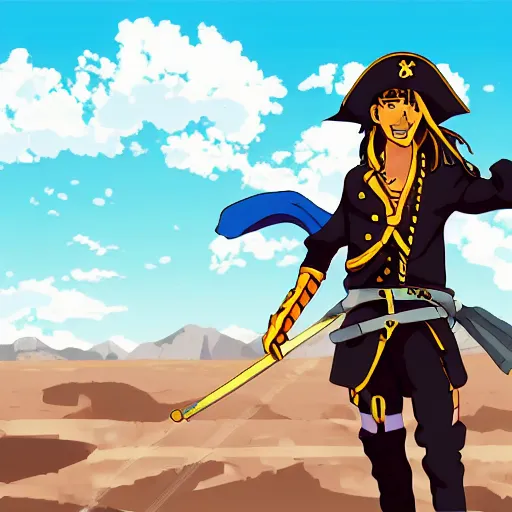 Prompt: Painting of an anime pirate captain in the middle of a desert, digital art (5px vector outline contour, anime shading)