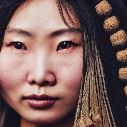 Prompt: closeup photo of a young chinese tribal woman in the style of rosie matheson