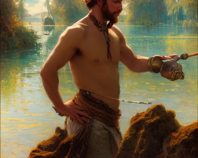 Prompt: attractive male wizard casting water spell in a beautiful lake. highly detailed painting by gaston bussiere, craig mullins, j. c. leyendecker 8 k