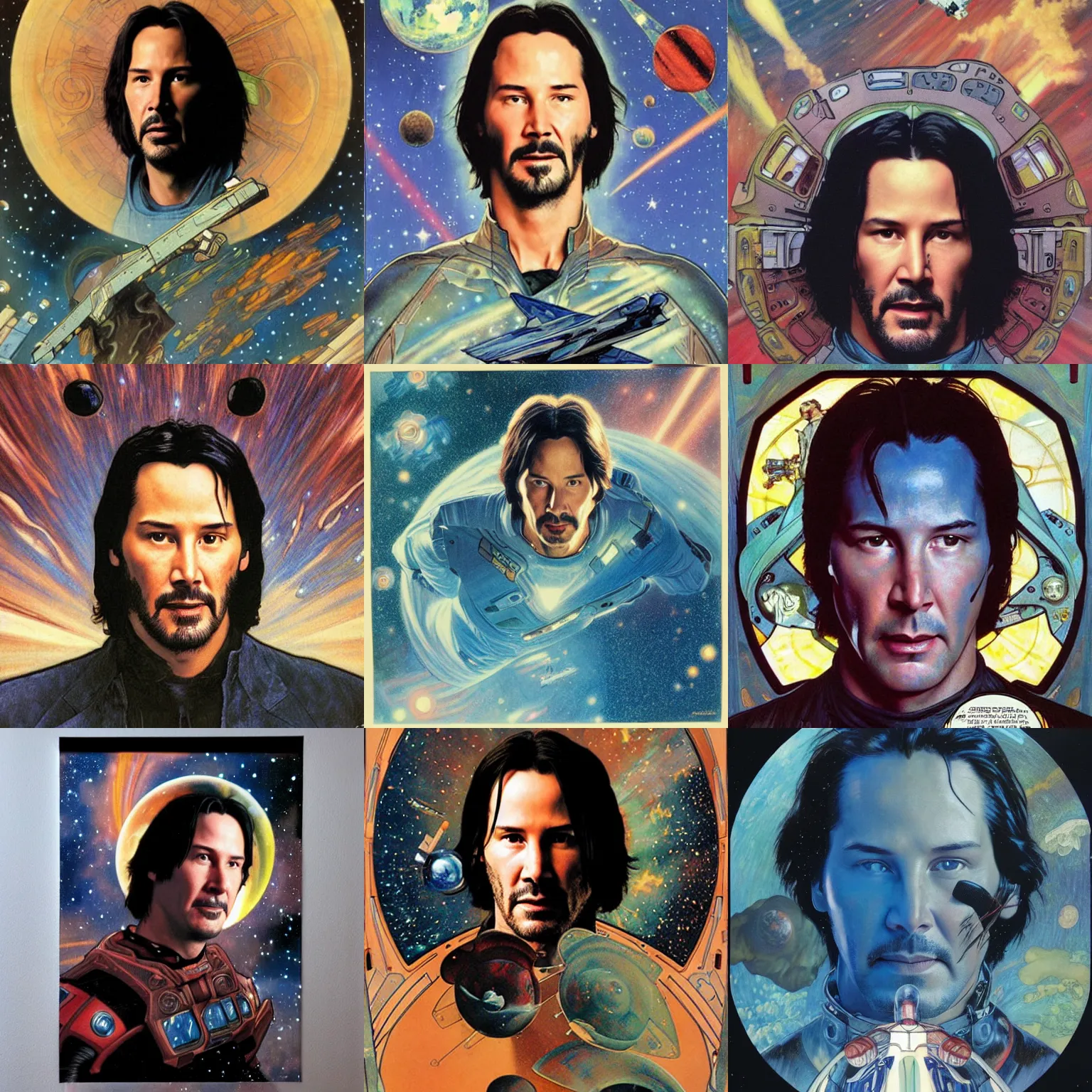 Prompt: keanu reeves face spaceship flying through nebula, far away view, painted by Iain McCaig, alphonso mucha, norman rockwell, 8k