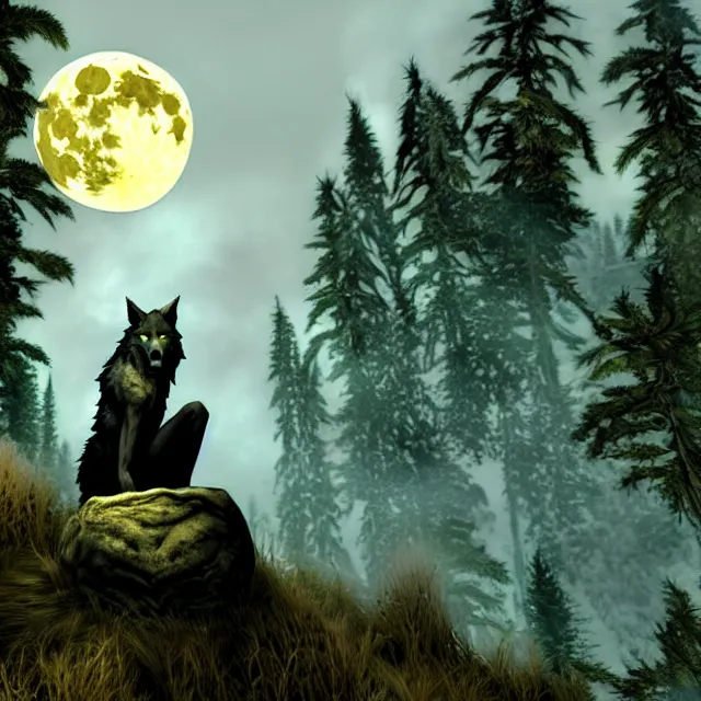 Image similar to A werewolf sitting on a rock, woodland creek, realistic, skyrim style, yellowish full moon