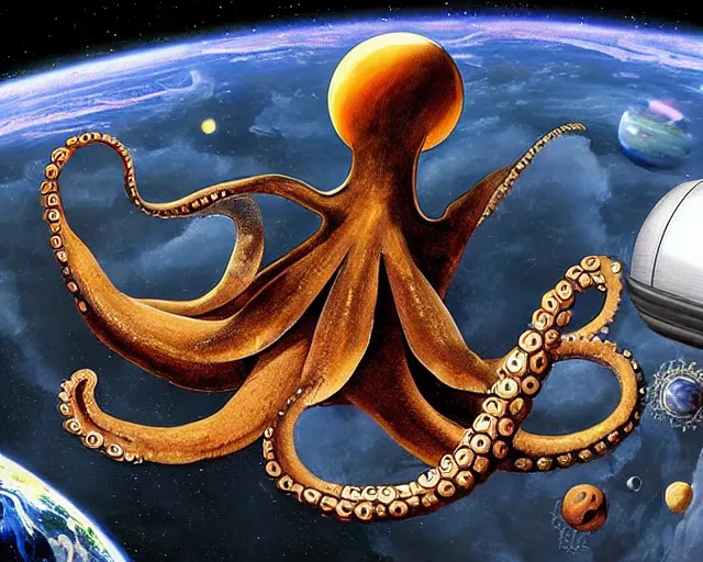 Image similar to an artist’s interpretation of an octopus in a space suit, floating in space next to a space shuttle, the earth planet in the background