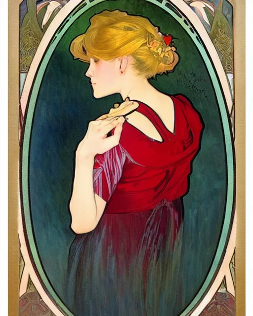 Prompt: A highly realistic painting of a young woman with blonde hair with a dressed in a red dress, sharp face, beautiful, deep colors, high contrast, by Alphonse Mucha, glass panel depicting a flower in the background