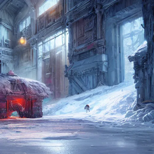 Image similar to a gigantic door graved in ice in a cold ice snow environment, ultrafine highly detailed hyper colorful illustration, sharp focus, rozalski, craig mullins, federico pelat, unreal engine highly rendered, global illumination, radiant light, intricate and detailed environment