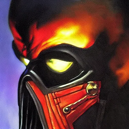 Image similar to a dark and colorful close - up side profile portrait of a mortal kombat chraracter with led lights glowing fog in the background. highly detailed science fiction painting by norman rockwell, frank frazetta, and syd mead. rich colors, high contrast, gloomy atmosphere, dark background. trending on artstation