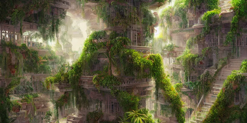 Image similar to hanging gardens of Babylon, highly detailed, digital painting, artstation, concept art, sharp focus, illustration