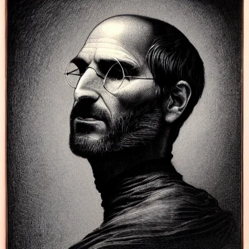 Prompt: portrait of steve jobs dramatic lighting by gustave dore and giger, museum print from copper plate etching, artstation