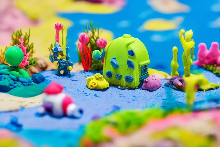 Image similar to miniatures photography of bikini bottom ( spongebob location ), everything has a plasticine sheen