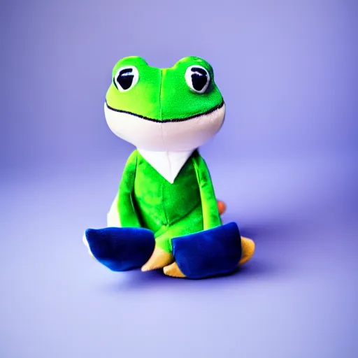 Image similar to cute plushie frog wearing a sailor suit, studio photography,