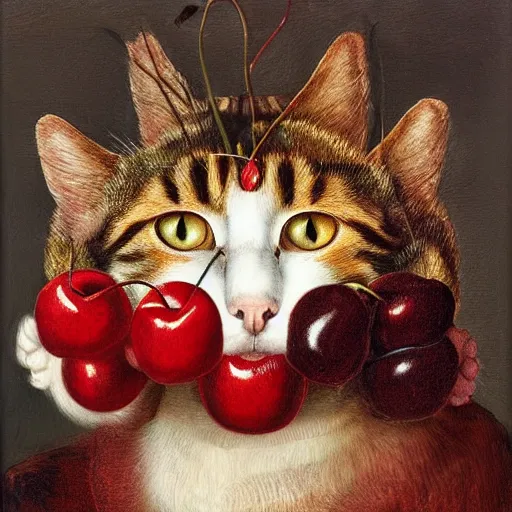 Prompt: a cat head made out of cherries by giuseppe arcimboldo, oil on canvas