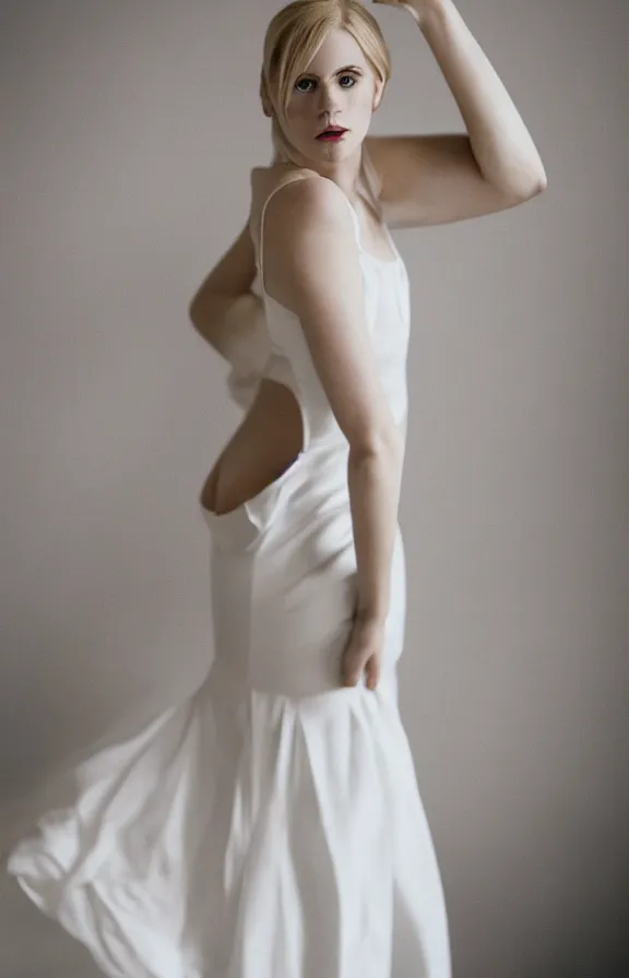 Image similar to photo of gorgeous seductive tall emily skinner cosplaying annie leonhart wearing elegant white dress, wearing open toe heels, in a white room, beautiful face, pale skin, rule of thirds, cinematic lighting, sharp focus, backlit, stunning, smooth, hard focus, full body shot, studio photo, shot on sony a 7 iii
