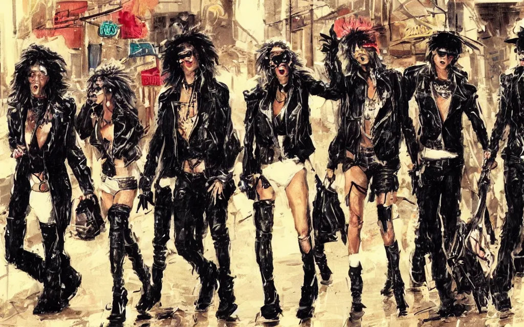 Image similar to concept art, glam rockers dressed as hooligans and whores, walking down a wet helsinki street at night by roger deakins, in the style of syd mead and liam wong