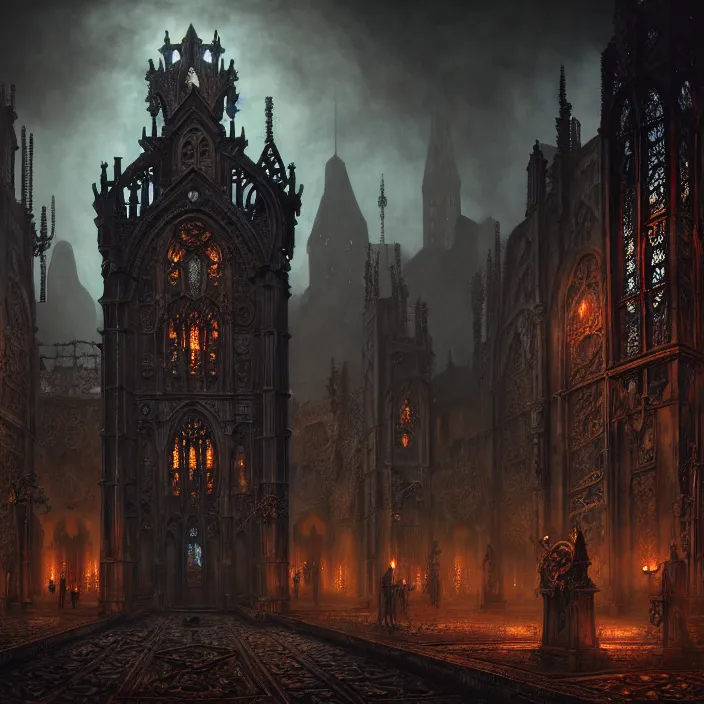 Image similar to steam necropolis, memento mori, gothic, neo - gothic, art nouveau, hyperdetailed copper patina medieval icon, stefan morrell, philippe druillet, ralph mcquarrie, concept art, steampunk, unreal engine, detailed intricate environment, octane render, moody atmospherics, volumetric lighting, ultrasharp, ominous, otherworldly