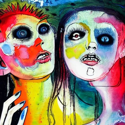 Image similar to watercolor painting of two bizarre psychedelic goth women kissing each other closeup in a aquarium in japan, speculative evolution, mixed media collage by basquiat and jackson pollock, maximalist magazine collage art, sapphic art, lesbian art, chemically damaged