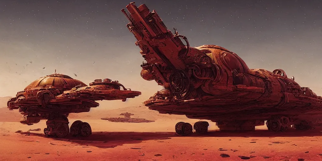 Image similar to sci - fi steampunk hovercraft in a red desert, greg rutkowski, 8 k, shallow depth of field, intricate detail, concept art,