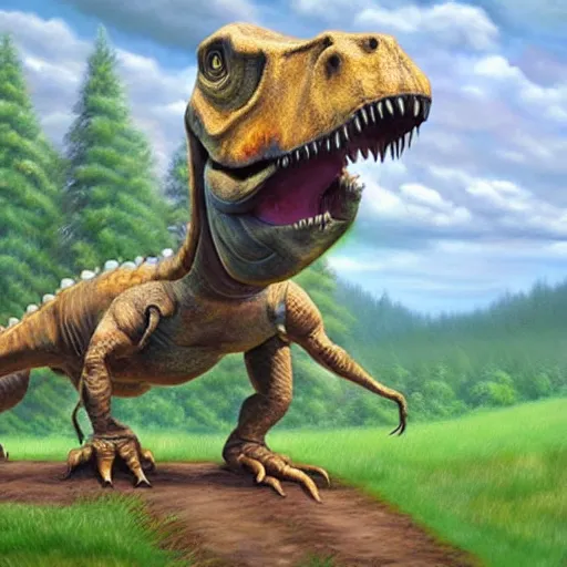 Image similar to hyper realistic oil painting of a dinosaur screaming the back home is a forest