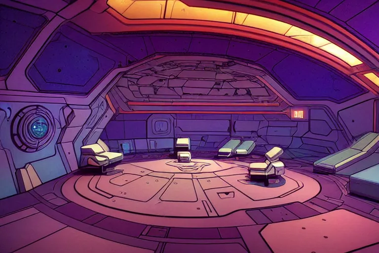 Image similar to a photograph of a space ship interior set design in a world inspired by jean giraud moebius and geoff darrow