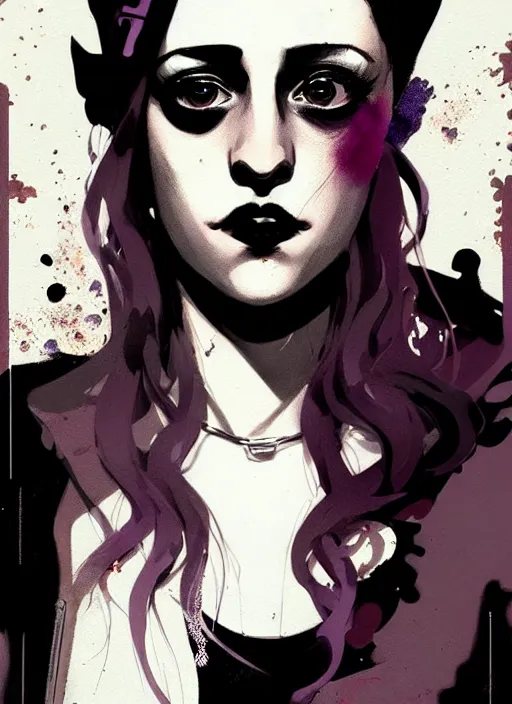 Image similar to highly detailed closeup portrait of beautiful carly chaikin as darlene alderson, moody punk style, by atey ghailan, by greg rutkowski, by greg tocchini, by james gilleard, by joe fenton, by kaethe butcher, gradient purple, black and white color scheme, grunge aesthetic!!! ( ( graffiti tag wall background ) )