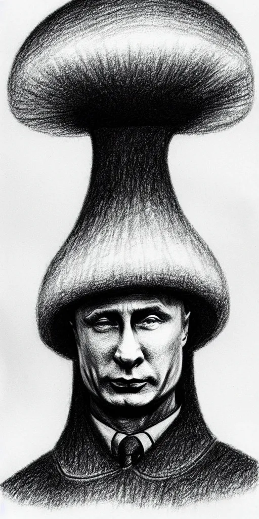 Image similar to vladimir putin wearing a nuclear mushroom cloud blast for a hat, cartoonish, ultra detailed pencil drawing