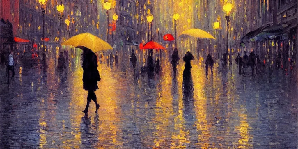 Image similar to evening city scene with young woman with umbrella. beautiful use of light and shadow to create a sense of depth and movement. neo - impressionism, using energetic brushwork and a limited color palette, providing a distinctive look and expressive quality in a rhythmic composition