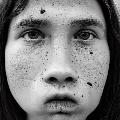 Image similar to minimalist photography portrait of a neanderthal woman, symmetrical, super close up, facial scar, mid thirties, freckles, cute round slanted eyes, sunburn, wide nostrils, high cheekbones, high flat eyebrows, ethereal essence, angelic, leica 1 0 0 mm f 0. 8