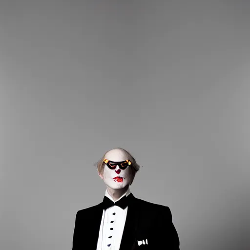 Image similar to highly detailed full body portrait of a space demon in a tuxedo, by gottfried helnwein, by richard estes, studio lighting, sigma 8 5 mm f / 1. 4