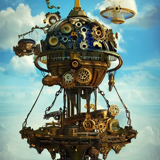 Image similar to flying city in a mechanical flower, sky, fantasy art, steampunk, masterpiece, octane