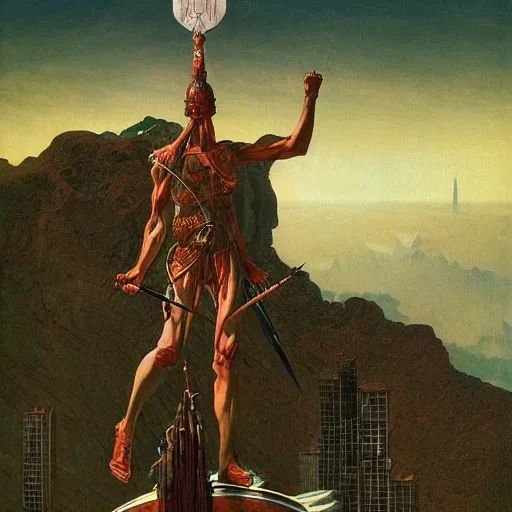 Image similar to portrait of immense, majestic, surreal, terrifying yosh from nintendo standing triumphant over the city, perfectly clear face, by j. c. leyendecker, bosch, and beksinski