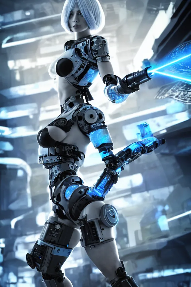 Image similar to Hot young woman with grey skin, blue hair, tattoos, wearing cyborg body components and holding advanced laser sword on top of an advanced futuristic tank, full figure, hyperrealistic, photorealistic, HDR, volumetric lighting, bokeh