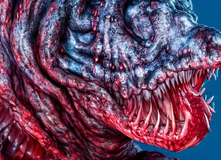 Image similar to a giant slimy creepy monster, very long slimy tongue, saliva, mouth inside a mouth, many long wet tongues, translucent skin, fangs, red glowing veins, thin blue arteries, cinematic colors, standing in shallow water, insanely detailed 8 k artistic photography, dramatic lighting