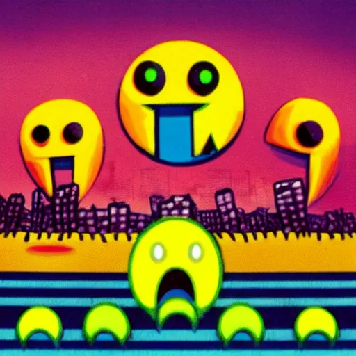 Image similar to scary pacman monster destroying a city