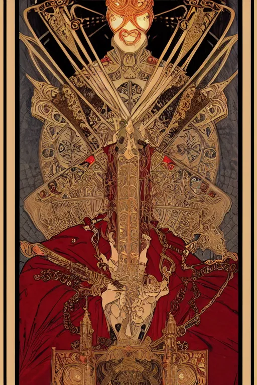 Image similar to tarot card, the emperor, medieval, super detailed, ornate, by alphonse mucha, artstation, greg rutkowski, symmetry, red, gold, white, black, 8 k