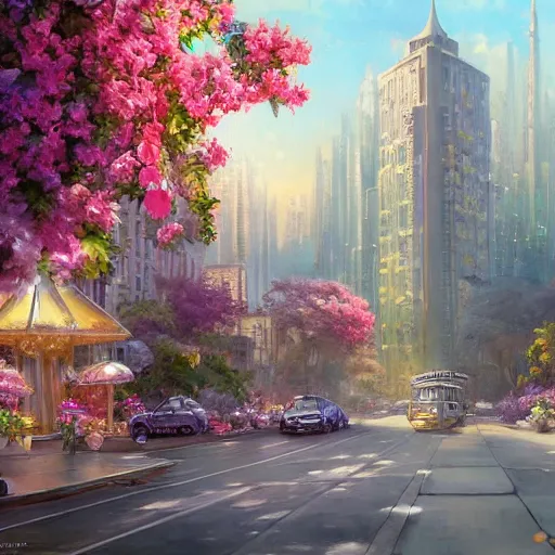 Prompt: a painting of an art - deco cityscape surrounded by flowers, a watercolor and matte painting by mark keathley and mandy jurgens and charlie bowater, cgsociety, artdeco, utopia art, sci - fi, artstation hq