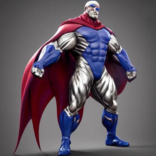 Prompt: muscular hero wearing a cobalt cape with a powershell logo on chest, skin texture, clothing, 3d sculpture, textured, fine detail, lifelike, photo, high resolution, octane render, post processing, after effects, trending on artstation