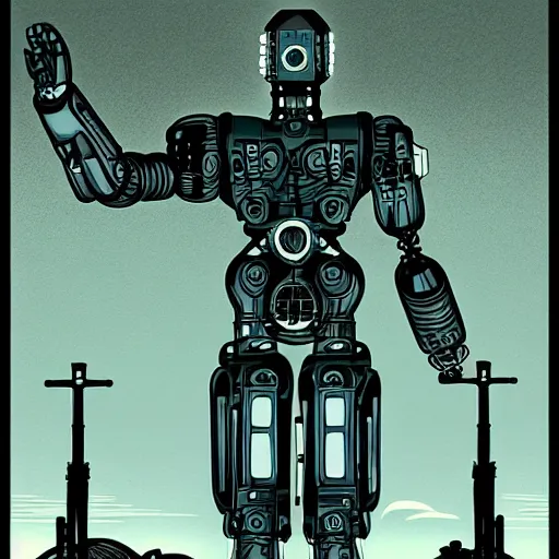 Image similar to detailed manga illustration of robotic cyborg christ the redeemer statue, in front of a nuclear explosion, cyberpunk, retro-futurist, dark, akira