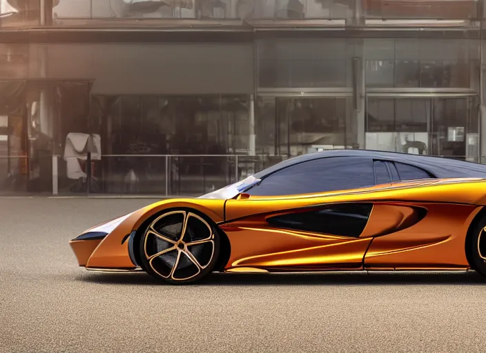 Image similar to photo of a Mclaren concept car with gold and red armor, photorealism, hd , 4k