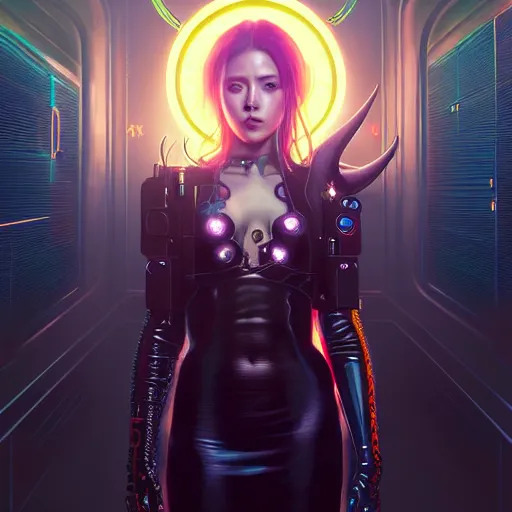 Prompt: portrait painting of cyberpunk solar mamamoo with a halo and devil horns, ultra realistic, concept art, intricate details, eerie, highly detailed, photorealistic, octane render, 8 k, unreal engine. art by artgerm and greg rutkowski and magali villeneuve and alphonse mucha