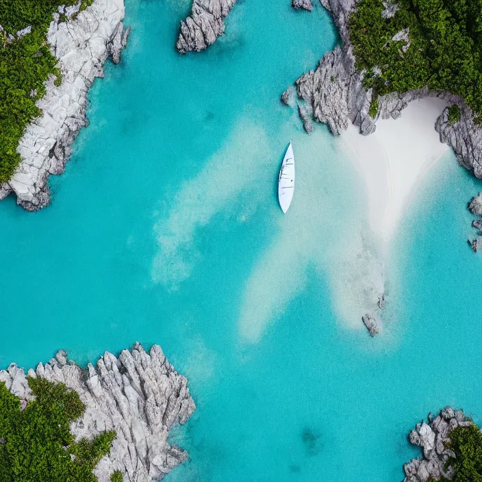 Prompt: an aerial perspective of a crystal clear ocean, a white yacht sailing, turquoise ocean, photo - realistic, highly detailed, calm, serene