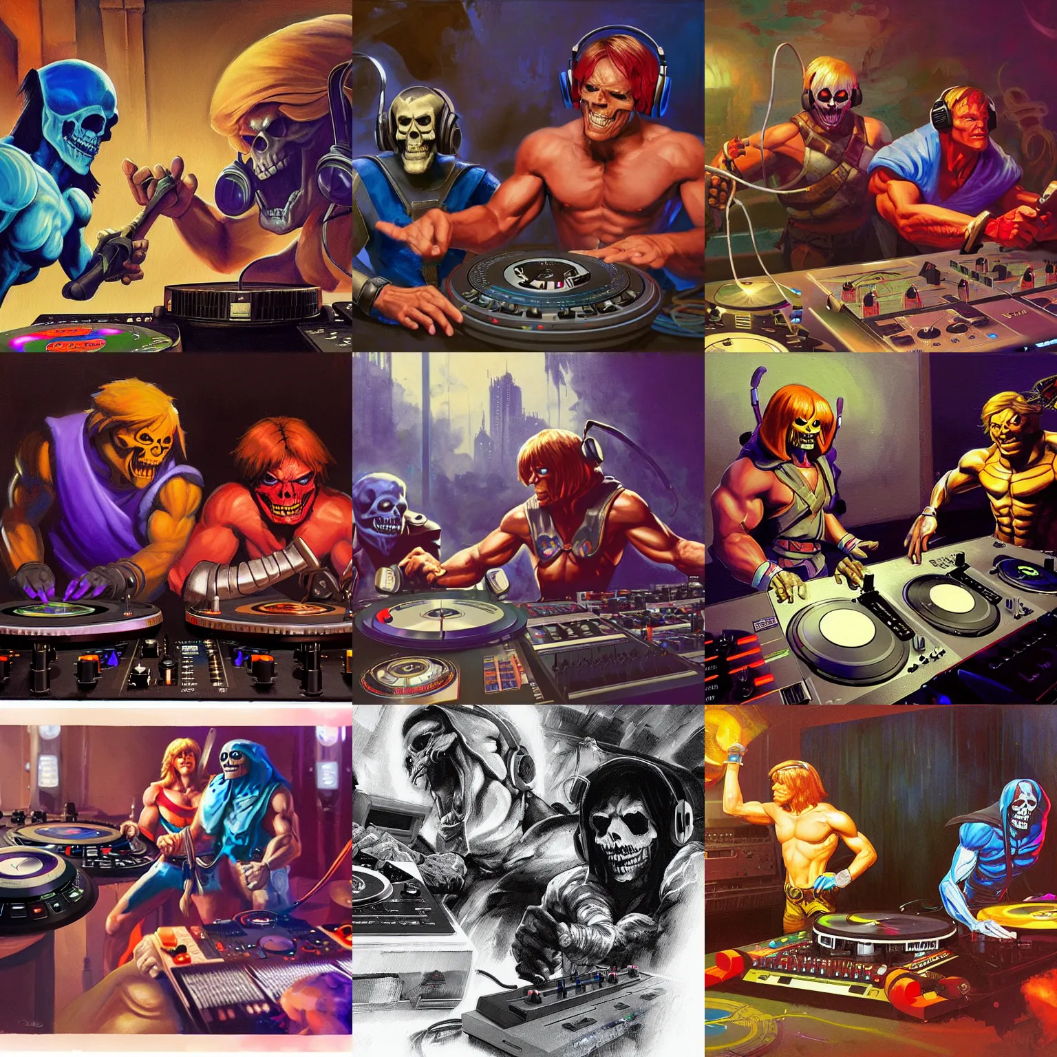 Prompt: a painting of he-man and skeletor wearing headphones DJing with DJ turntables, craig mullins, greg rutkowski