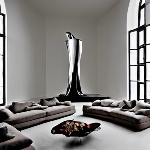 Image similar to giant Italian modern castle living room, clean minimalist design, that is 1300 feet tall, a series of modern stainless steel organic shaped modern sculptures with mirror finish, photo by Annie Leibovitz