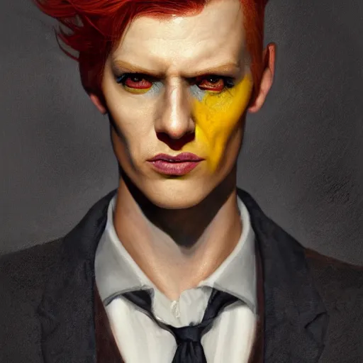 Image similar to portrait of a beautiful nonbinary actor with copper skin and messy short red hair wearing a men's suit, elf ears and yellow slitted eyes, by Gerald Brom and Ross Tran, hyper-realistic, dramatic lighting, 4K, trending on artstation