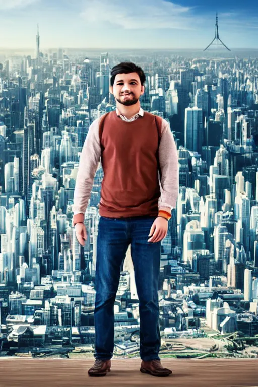 Image similar to close - up of a man standing in front of a giant city of the future