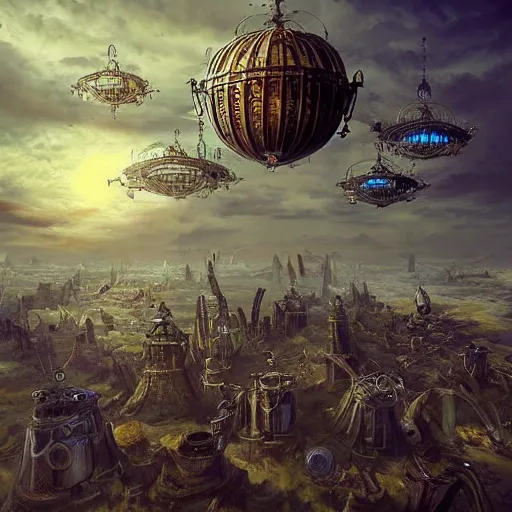 Image similar to flying city in a mechanical egg, sky, steampunk!!!, fantasy art, steampunk, masterpiece, unreal