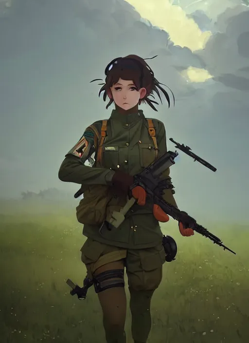 Image similar to portrait of cute soldier girl taking cover, cloudy sky background lush landscape illustration concept art anime key visual trending pixiv fanbox by wlop and greg rutkowski and makoto shinkai and studio ghibli and kyoto animation soldier clothing military gear realistic anatomy mechanized