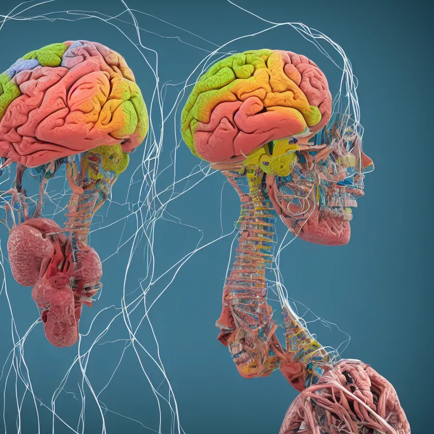 Prompt: 3 d model of anatomically correct human brain, wires, unreal engine, photorealistic, octane render, colorful