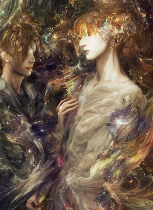 Prompt: regeneration can only be attained by two souls working in unison and harmony, baroque, rococo, dramatic, elaborate, emotive, and transcendental , painted by Yoshitaka Amano, WLOP, and CASIMIR